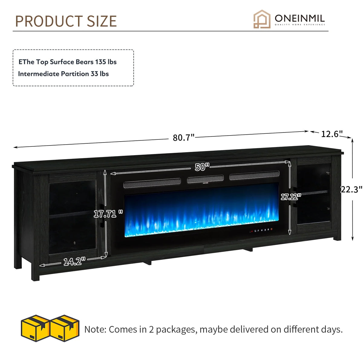 Black Fireplace TV Stand with Glass Doors I7136