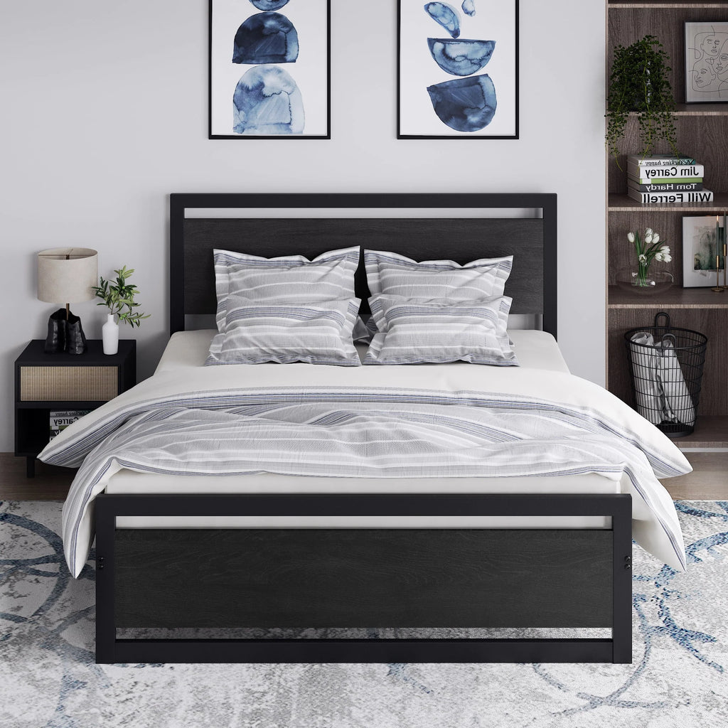 Queen Size Metal Platform Bed Frame with Wooden Headboard Footboard R135231