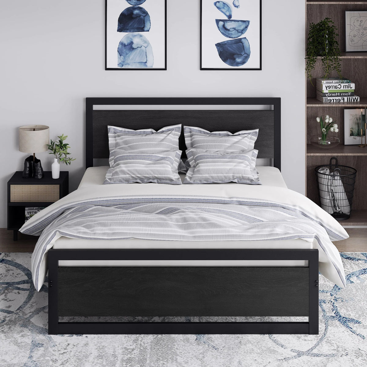Queen Size Metal Platform Bed Frame with Wooden Headboard Footboard R135231