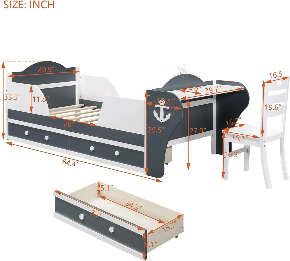 Boat-Shaped Platform Bed Frame with Two Drawers O130