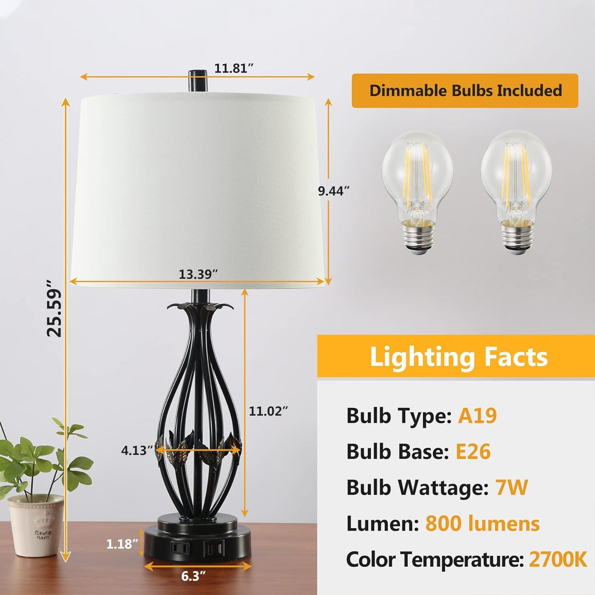 Table Lamp Set of 2, 3 Way Dimmable Touch with Dual USB Ports and AC Outlet P40251