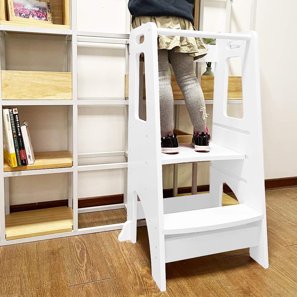 White Height Adjustable Wooden Toddler Step Stool J3142