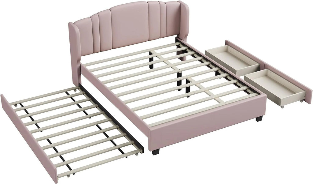 Queen Upholstered Platform Bed with Wingback Headboard and 2 Drawers M560