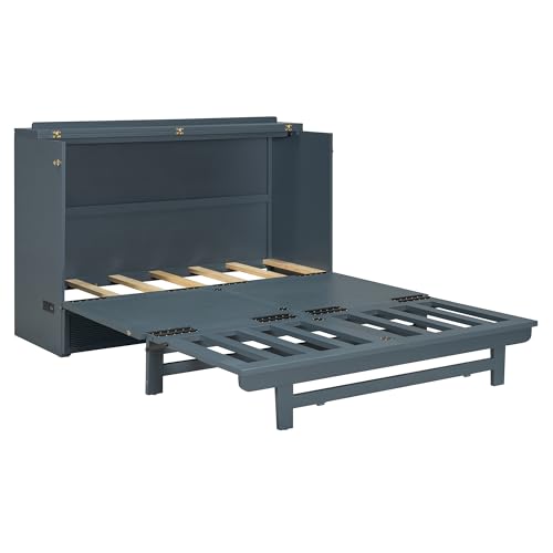 Full Size Murphy Bed with Drawer and Charging Station, Gray I7365