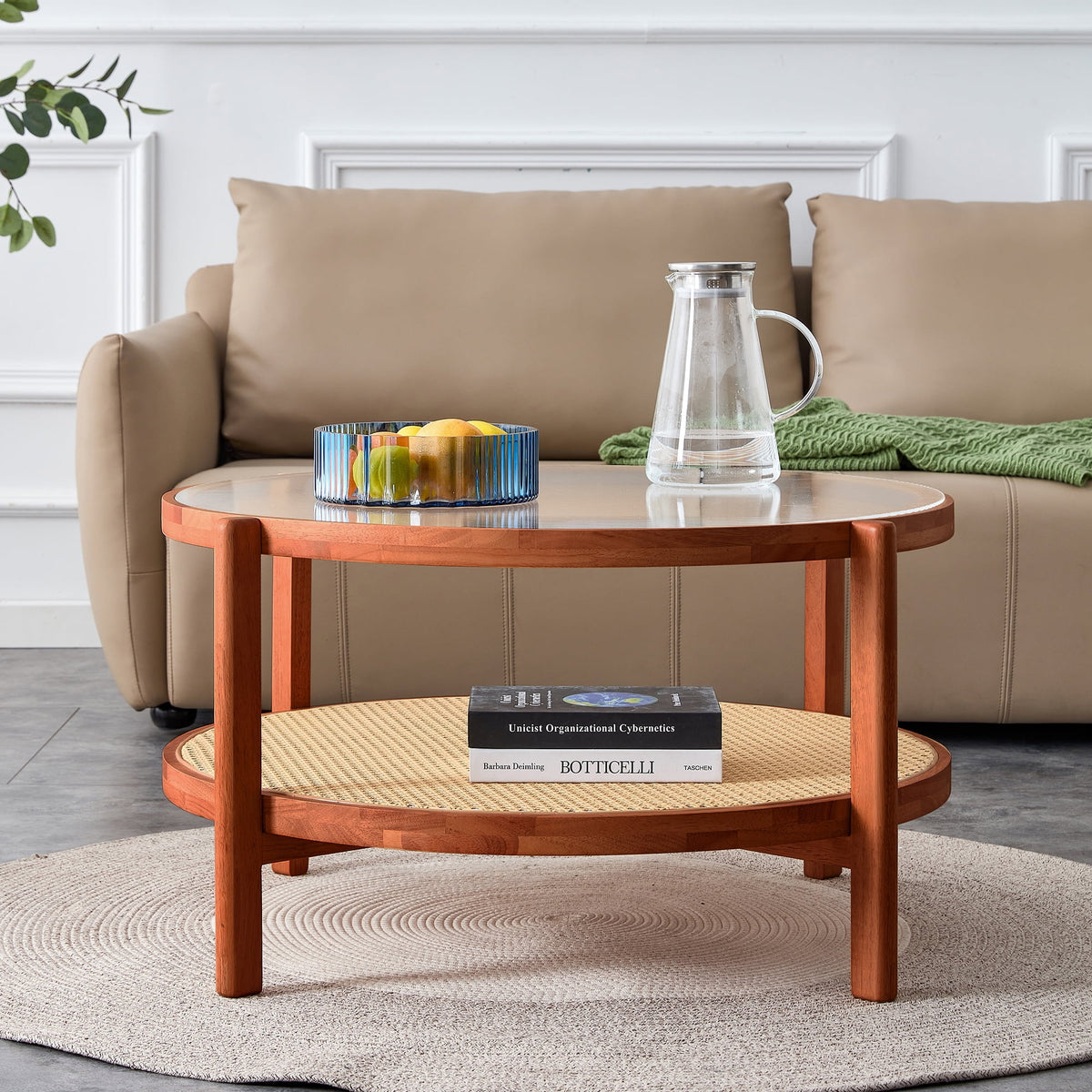 Solid Wood Coffee Table with Glass Top and PE Rattan B5631