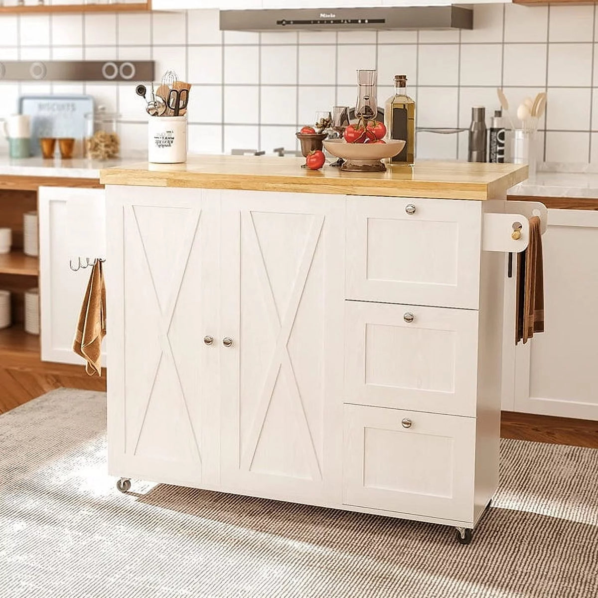Rolling Kitchen Island Cart with Drop-Leaf Countertop 3 Drawers A17422