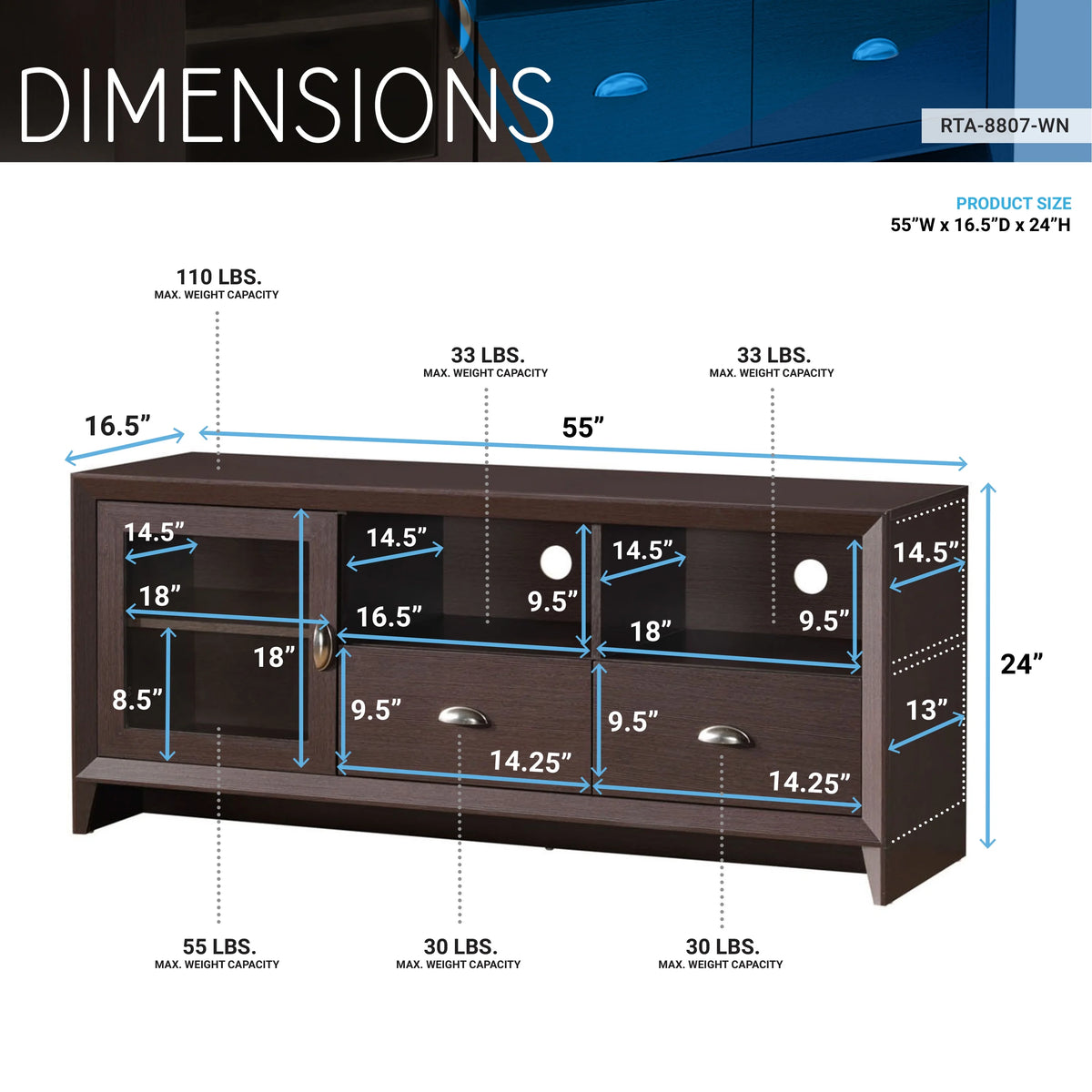 55" Modern TV Stand with Storage, Wenge Brown S8863
