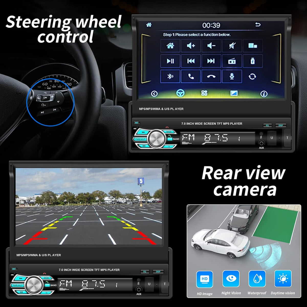 Single Din Car Stereo with Carplay Android Auto 7 Inch Touch Screen M888
