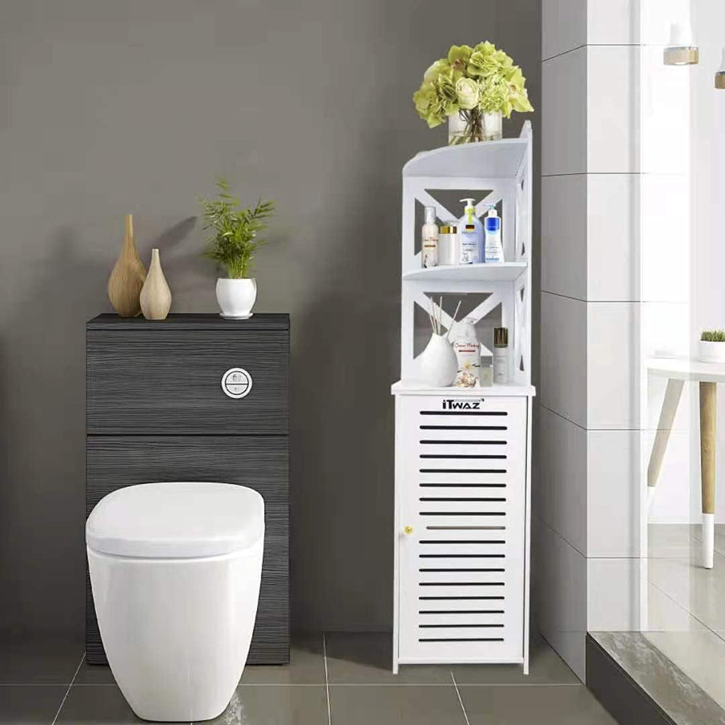White Free-Standing Bathroom Storage Cabinet with Single Door and 3-Layer Shelves X2564