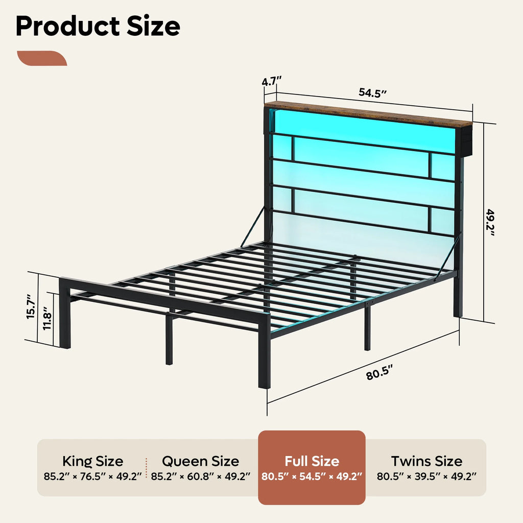 Queen Size Black Metal Platform Bed Frame with Storage Headboard U8625