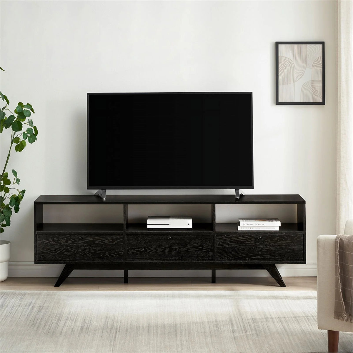 70" Black Wood TV Stand with Storage V814