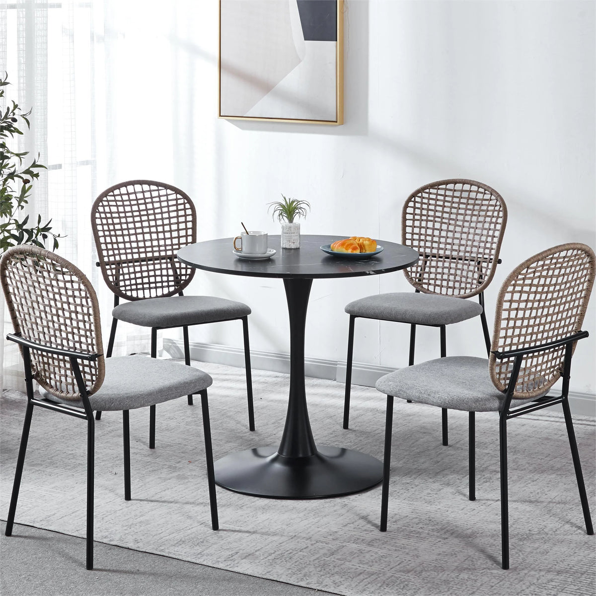 31.5" Wood Mid-century Dining Table with Marble Top E41610