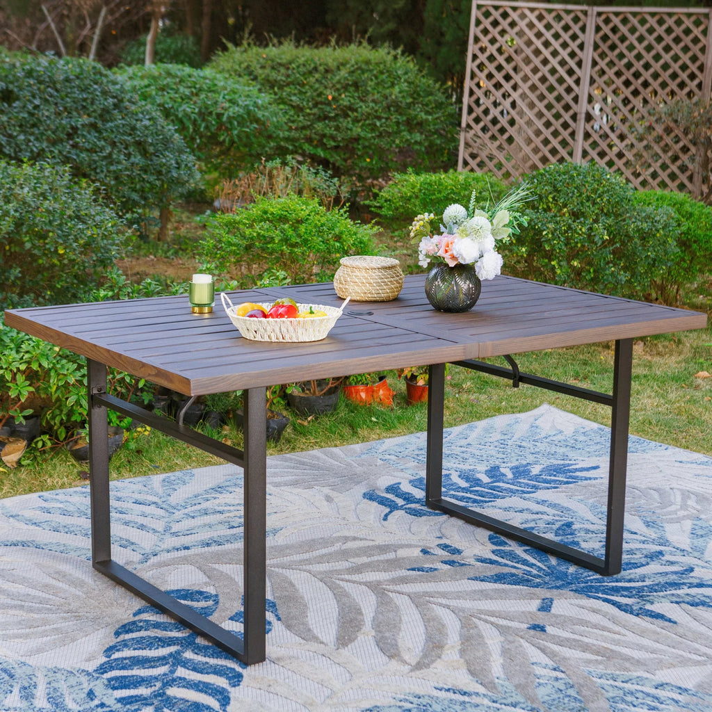 Rectangle Outdoor Dining Table Steel Frame Wood Grain Top 6 Person Black D95727