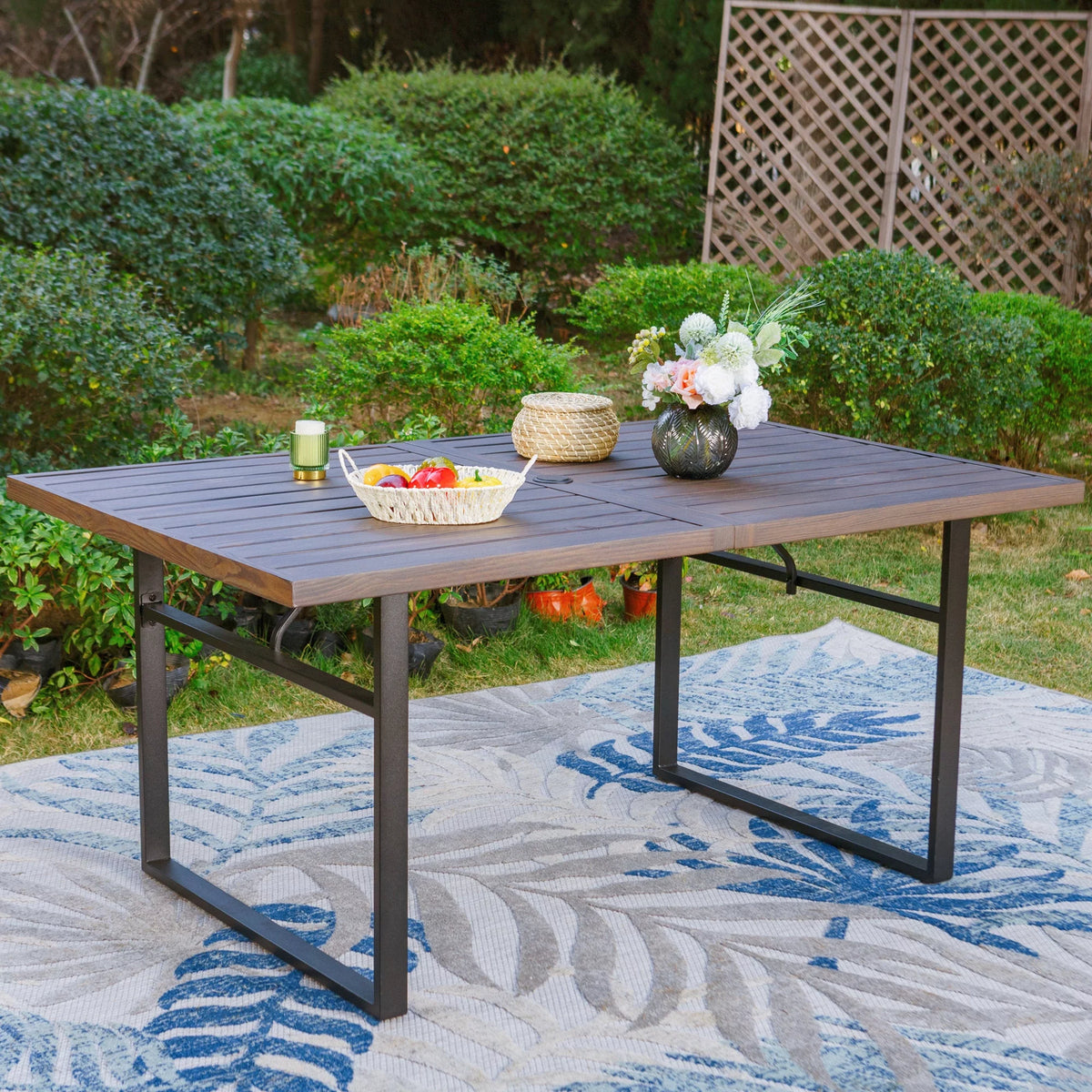 Rectangle Outdoor Dining Table Steel Frame Wood Grain Top 6 Person Black D95727