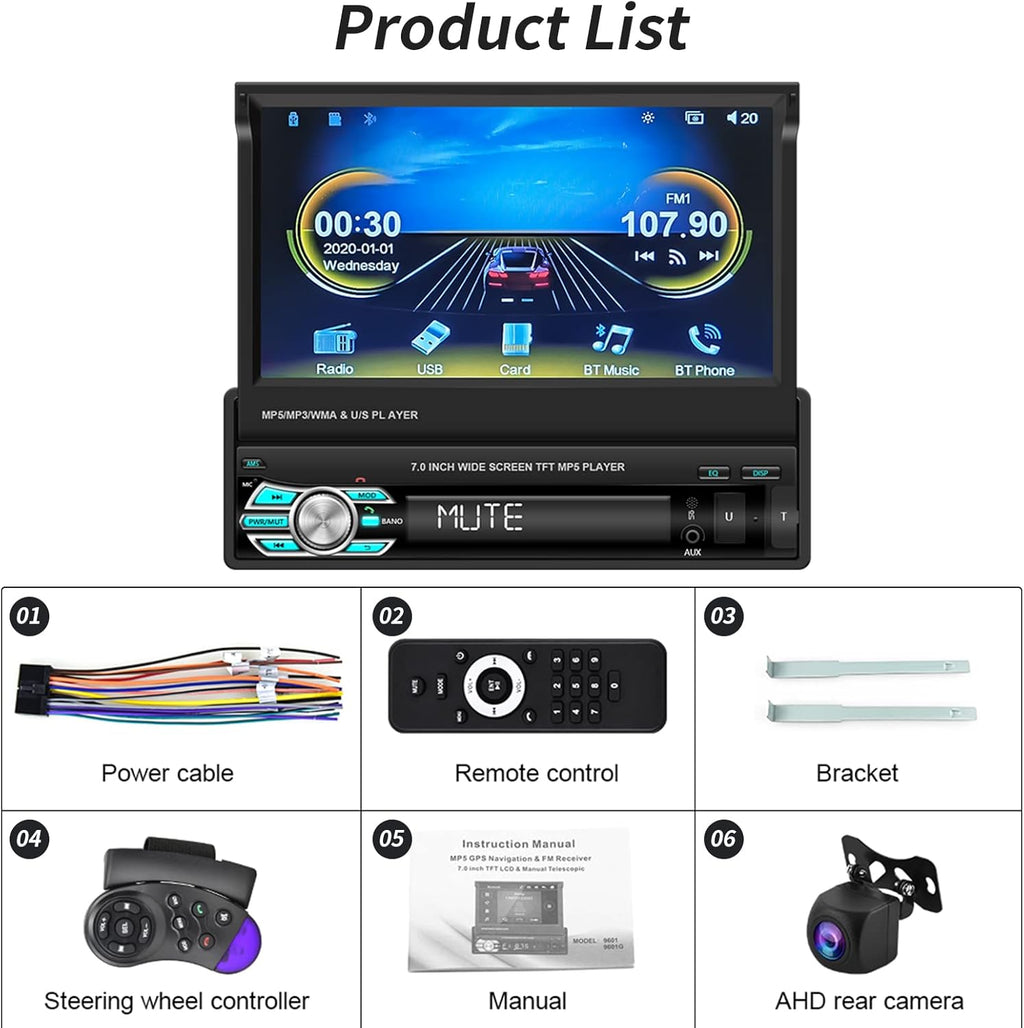 Single Din Car Stereo with Carplay Android Auto 7 Inch Touch Screen M888