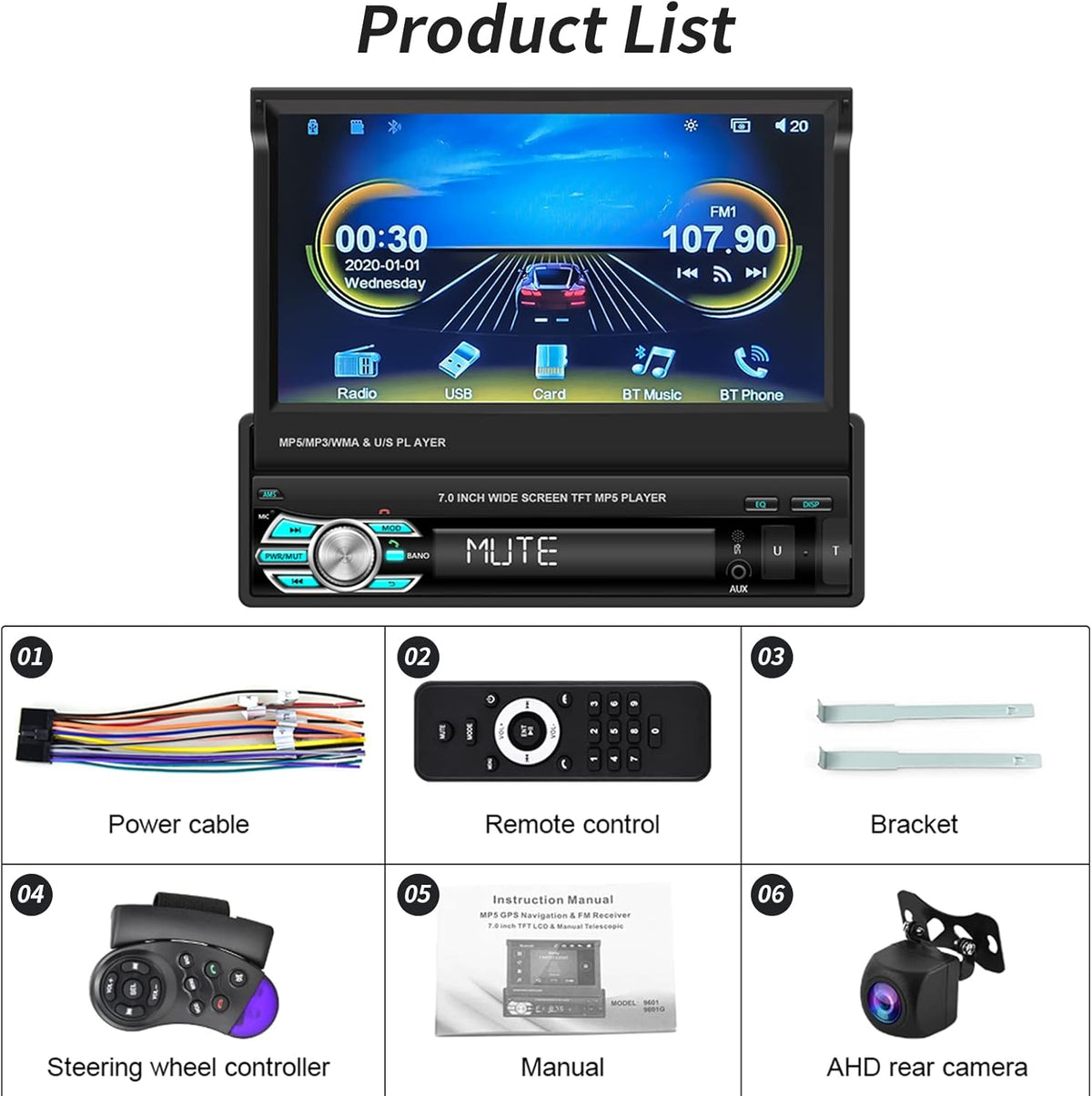 Single Din Car Stereo with Carplay Android Auto 7 Inch Touch Screen M888