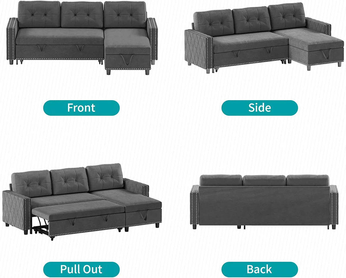Velvet Reversible Sleeper Sectional Sofa with Storage Chaise T563