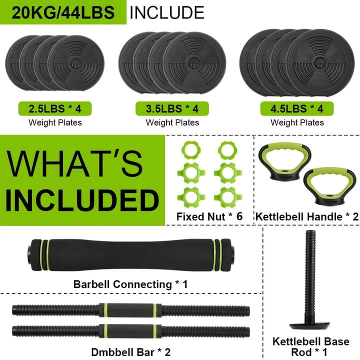 Adjustable Dumbbells Set 4 in 1 Barbell, Dumbbell, Kettlebell and Push-ups, Non-slip Handles Y3834