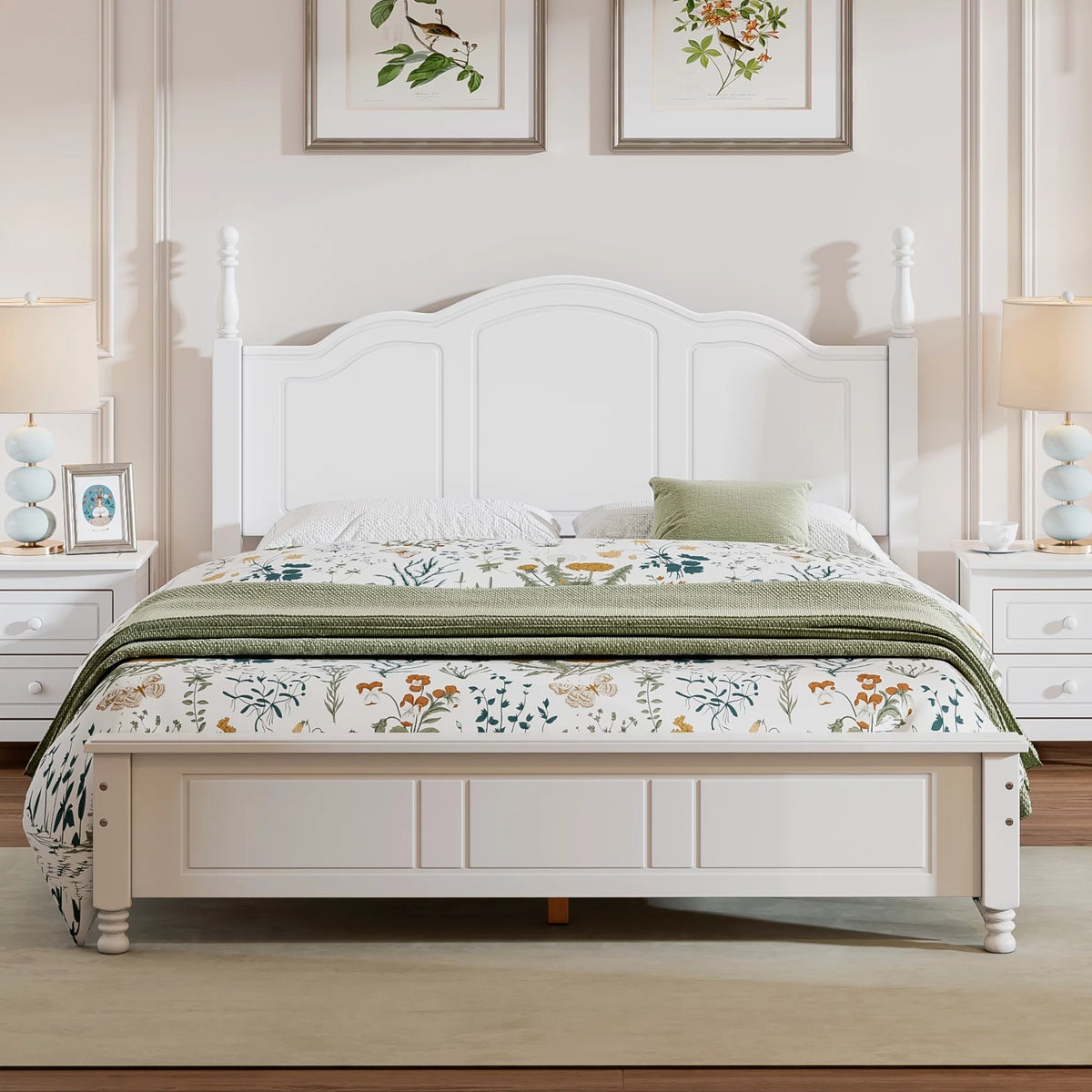 White Queen Size Wood Platform Bed Frame with Headboard W56941