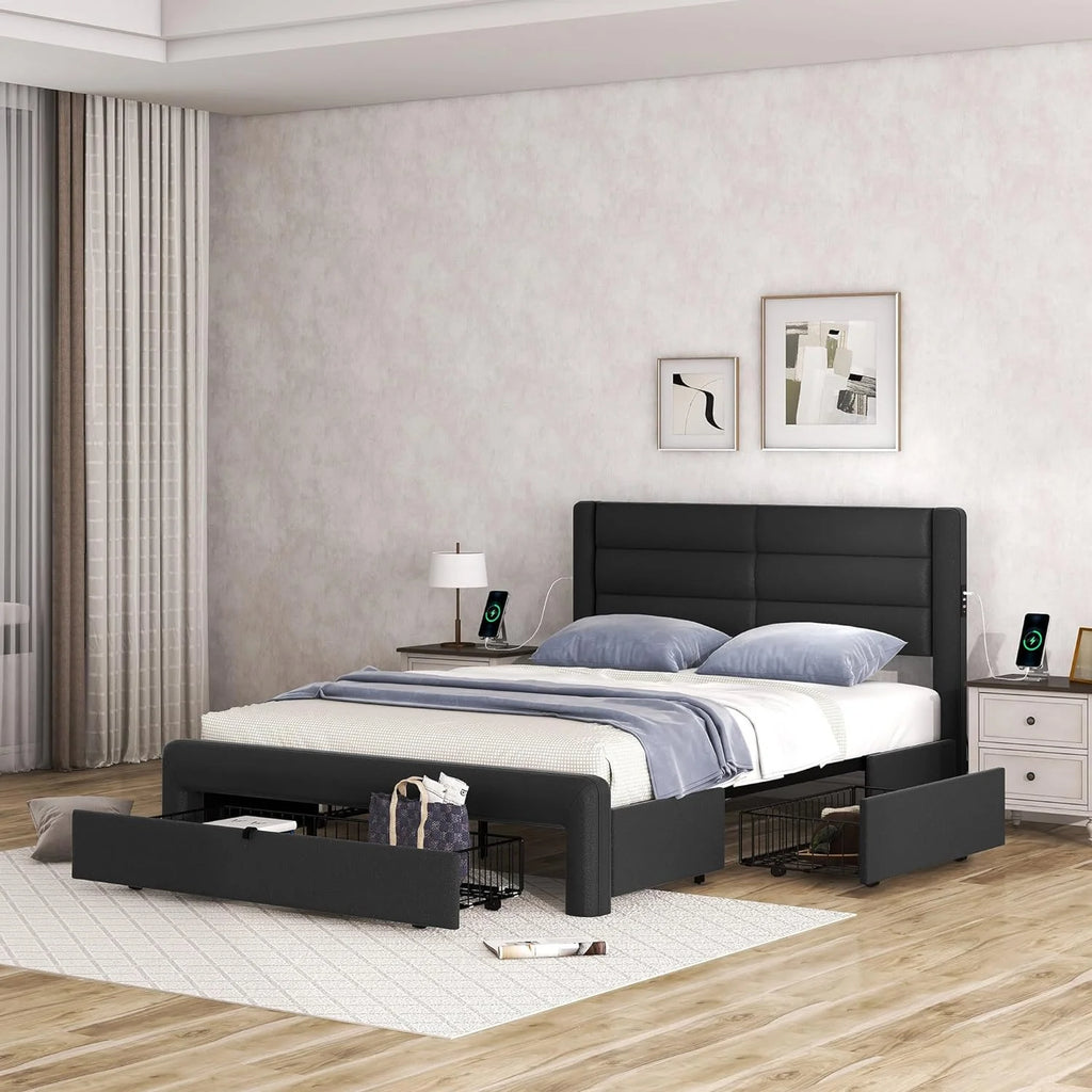 Queen Size Black Leather Upholstered Bed with 3 Storage Drawers K110