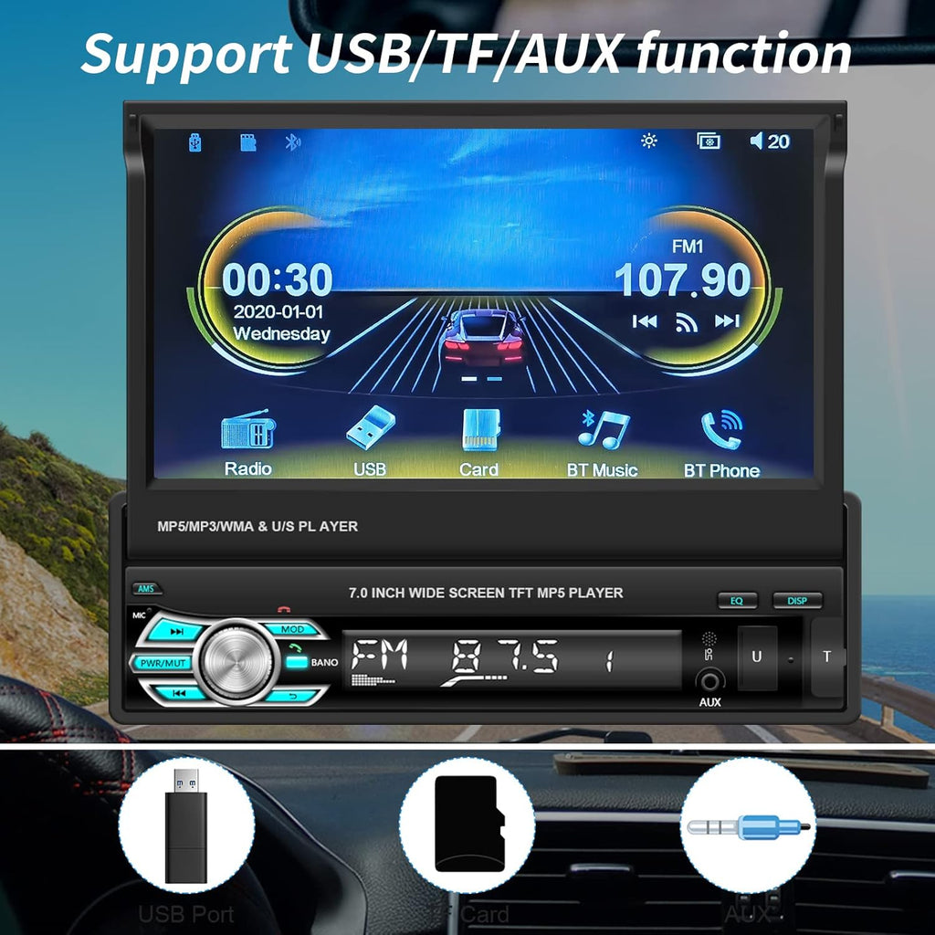 Single Din Car Stereo with Carplay Android Auto 7 Inch Touch Screen M888