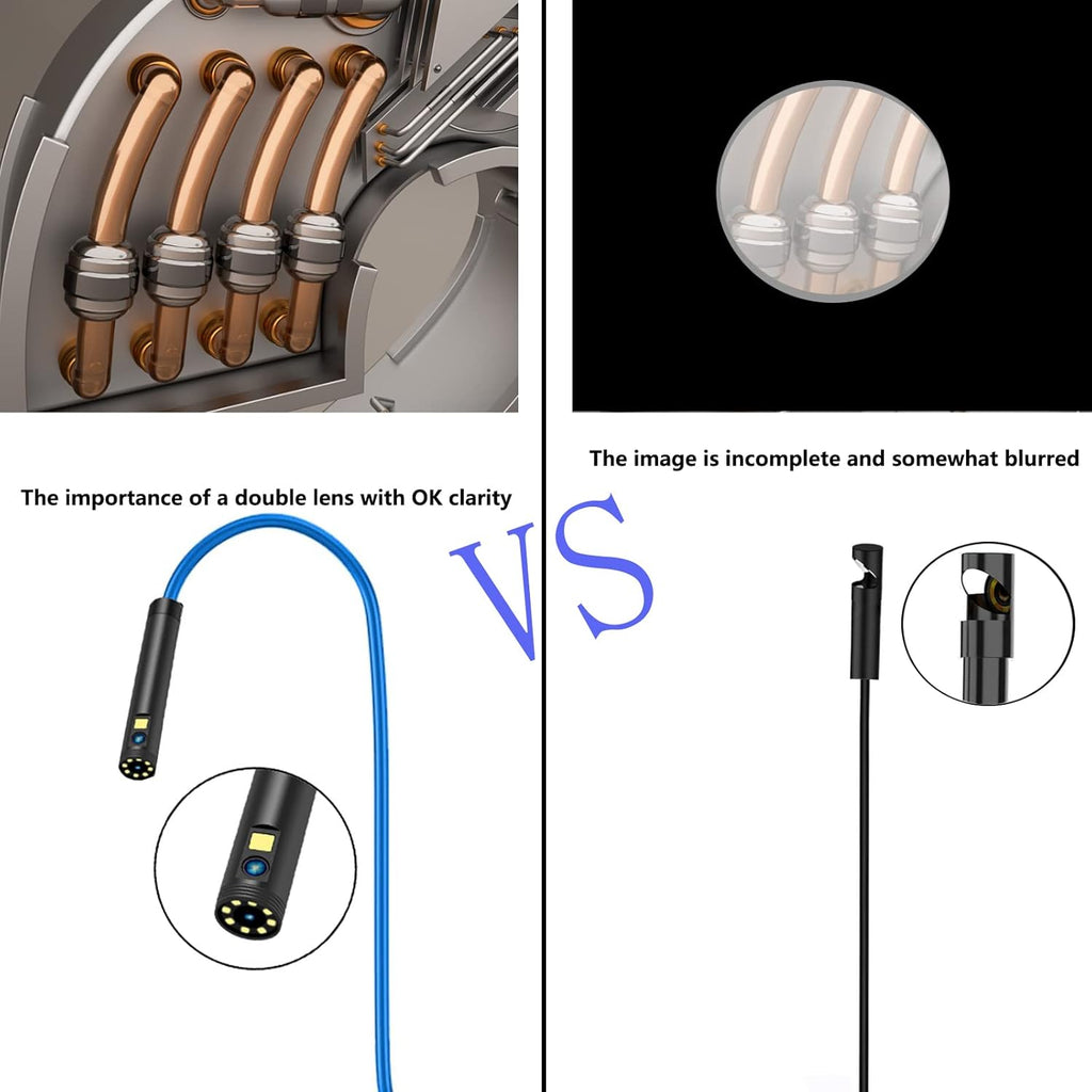 Dual Lens Video Endoscope Camera with Lights, 1080P Borescope Inspection Camera, 8 mm IP67 Waterproof, 9 LED Lights, 16.5FT Semi-Rigid Cable, 32GB Card I18370