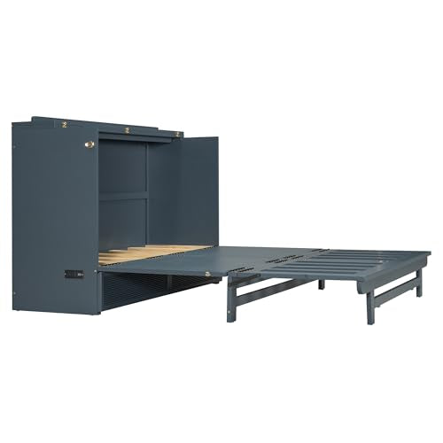 Full Size Murphy Bed with Drawer and Charging Station, Gray I7365
