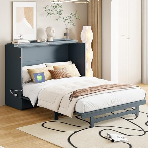 Full Size Murphy Bed with Drawer and Charging Station, Gray I7365