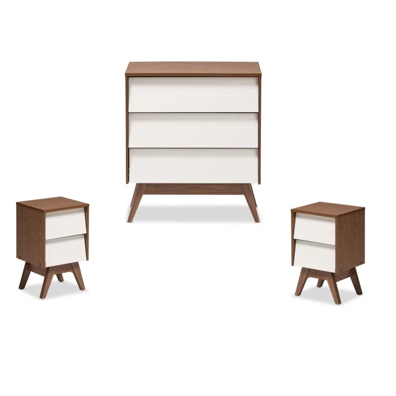 3 Piece Bedroom Set with Chest and 2 Nightstands in White and Walnut L4628