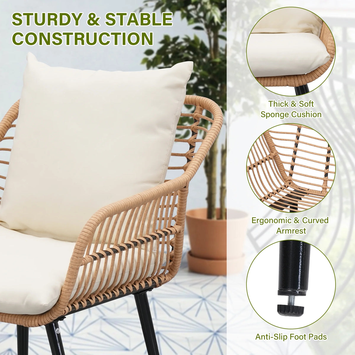 3-Piece Wicker Patio Bistro Set with Glass Top Table & Cushions Z452411