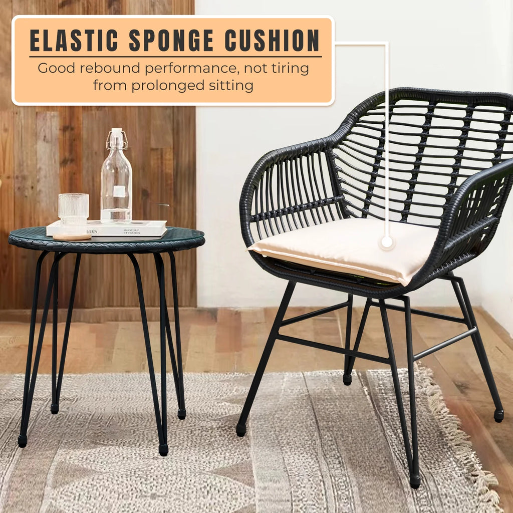 3 Piece Black PE Rattan Outdoor Wicker Bistro Set with Cushions S22100