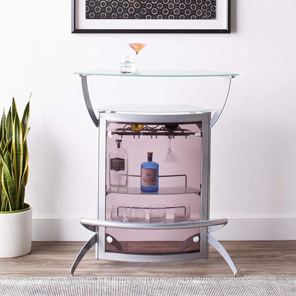 2-shelf Home Bar Silver and Frosted Glass L497