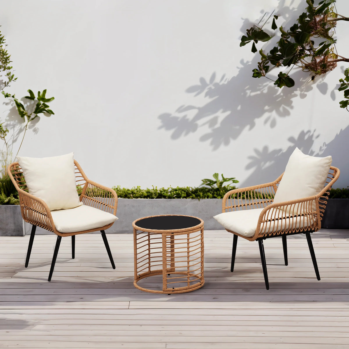 3-Piece Wicker Patio Bistro Set with Glass Top Table & Cushions Z452411