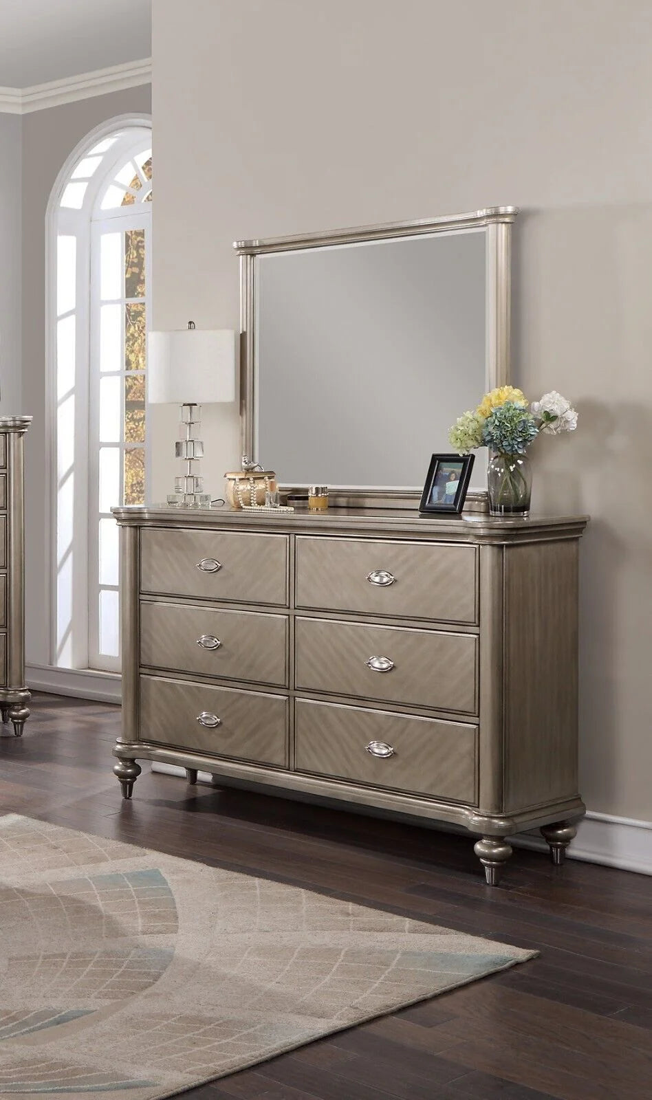 Grey 4p California King Size Bed Dresser Mirror Nightstand S47542