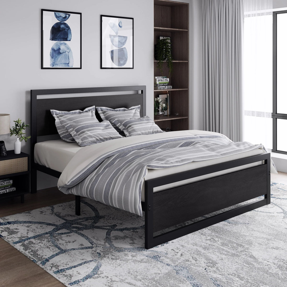 Queen Size Metal Platform Bed Frame with Wooden Headboard Footboard R135231