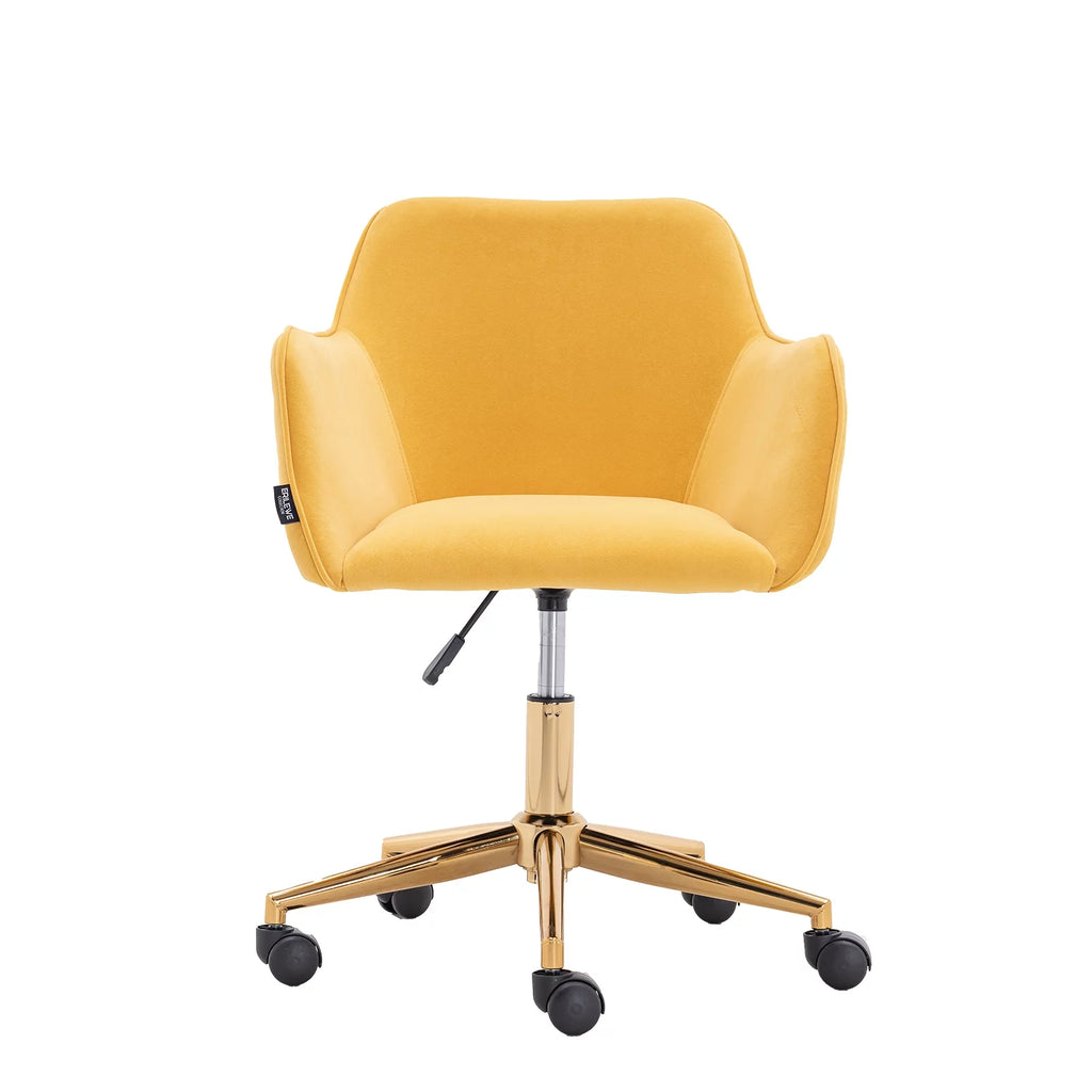 Yellow Velvet Adjustable Height Office Chair with Gold Metal Legs and Wheels E149
