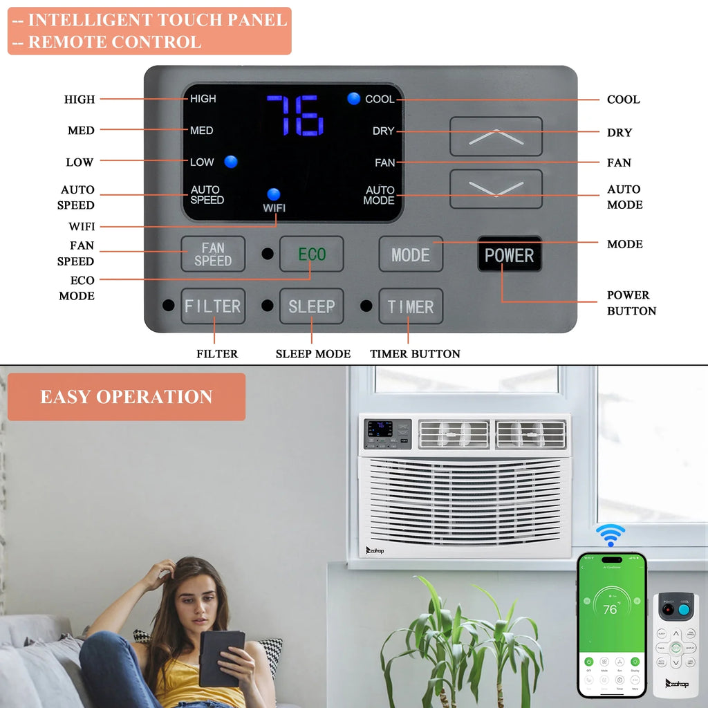 12000BTU 110V Window-Mounted Remote Control Air Conditioner, White Q2098