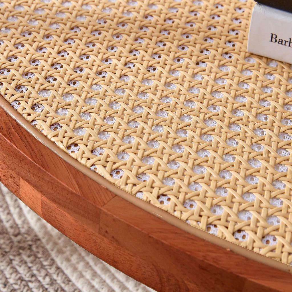 Solid Wood Coffee Table with Glass Top and PE Rattan B5631