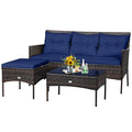 3 Pieces PE Rattan Wicker Patio Conversation Set with Cushions and Tempered Glass Coffee Table F84711