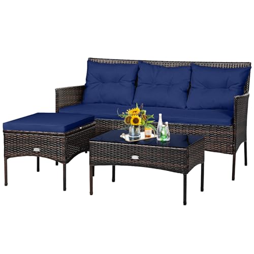 3 Pieces PE Rattan Wicker Patio Conversation Set with Cushions and Tempered Glass Coffee Table F84711