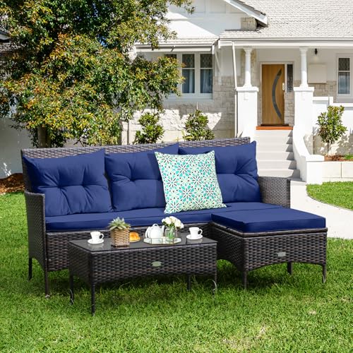 3 Pieces PE Rattan Wicker Patio Conversation Set with Cushions and Tempered Glass Coffee Table F84711