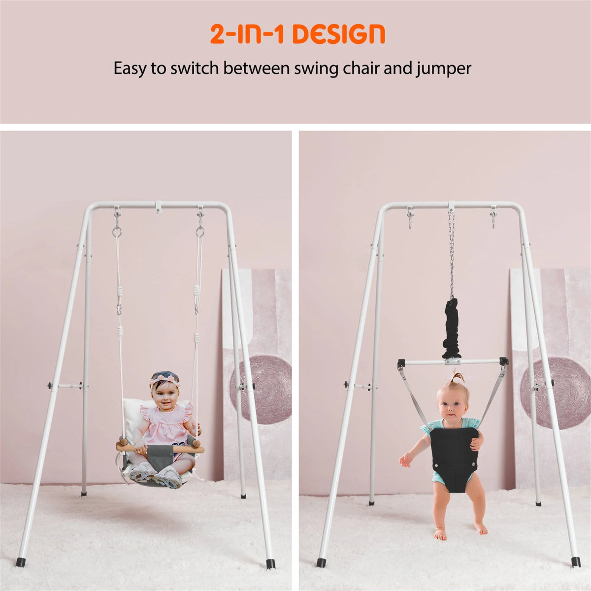 2 in 1 Toddler Metal Swing Set and Baby Jumper with Stand O8800