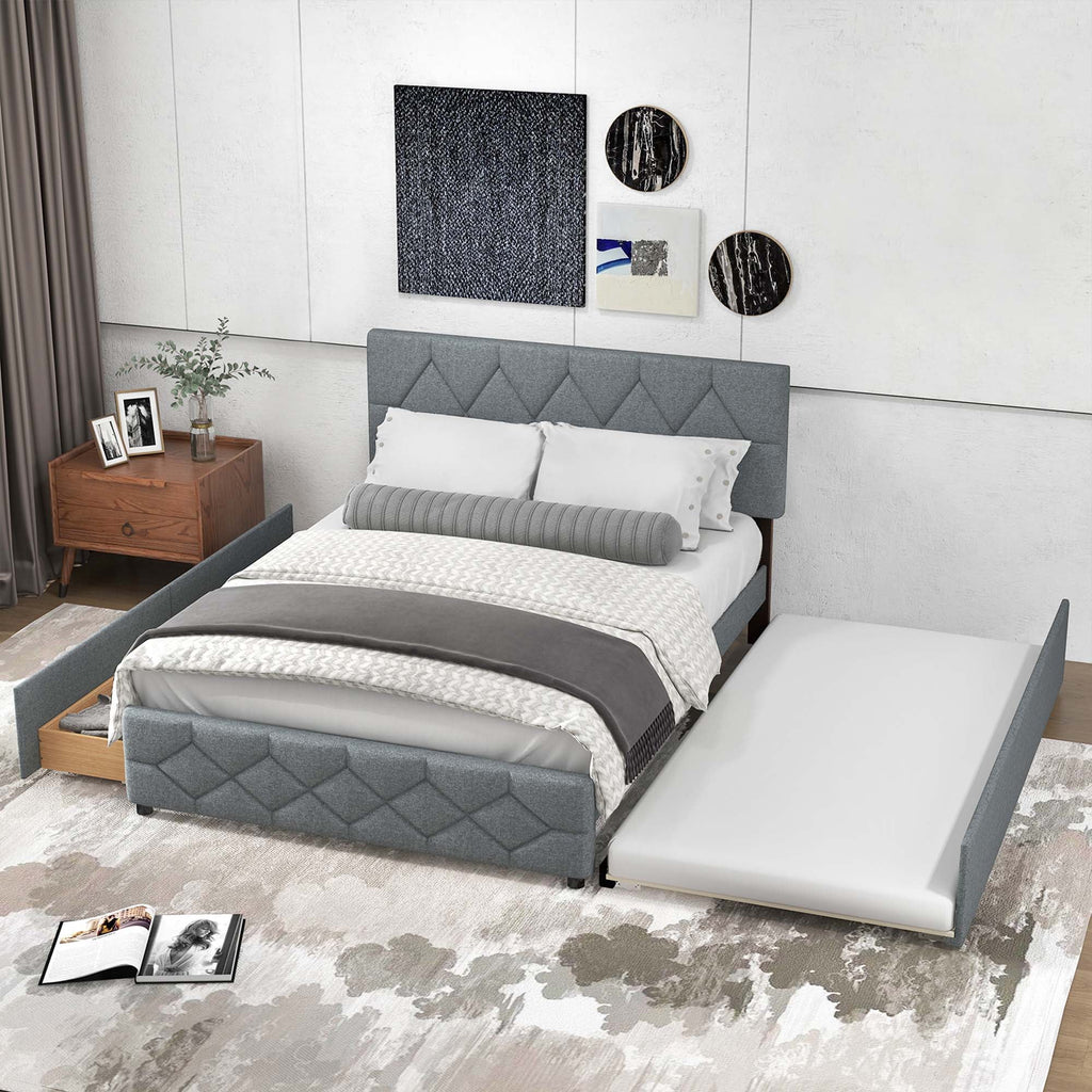 Queen Upholstered Platform Bed with Twin XL Trundle and 2 Drawers Z3529