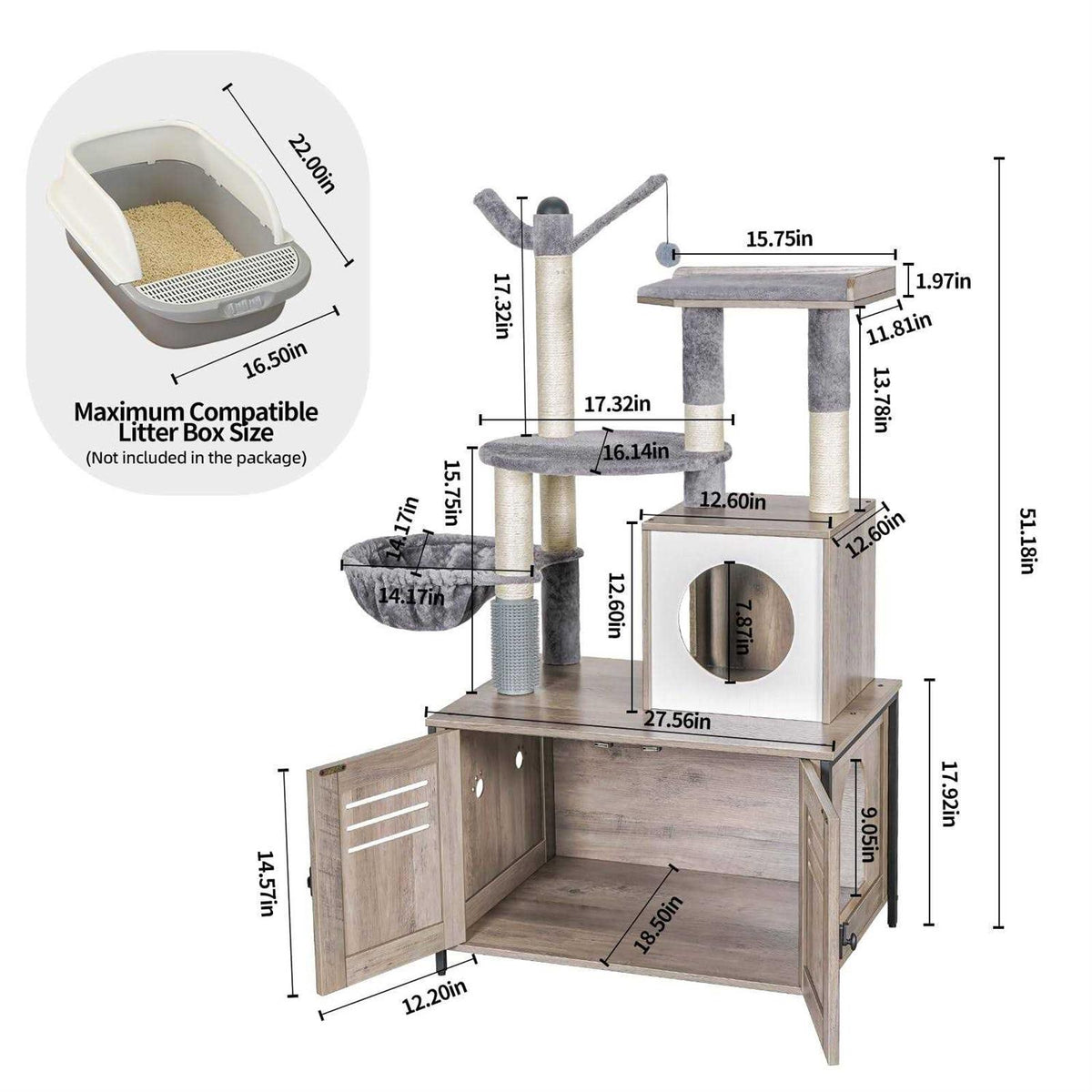 Wooden Cat Litter Box Enclosure with Cat Tree N282473