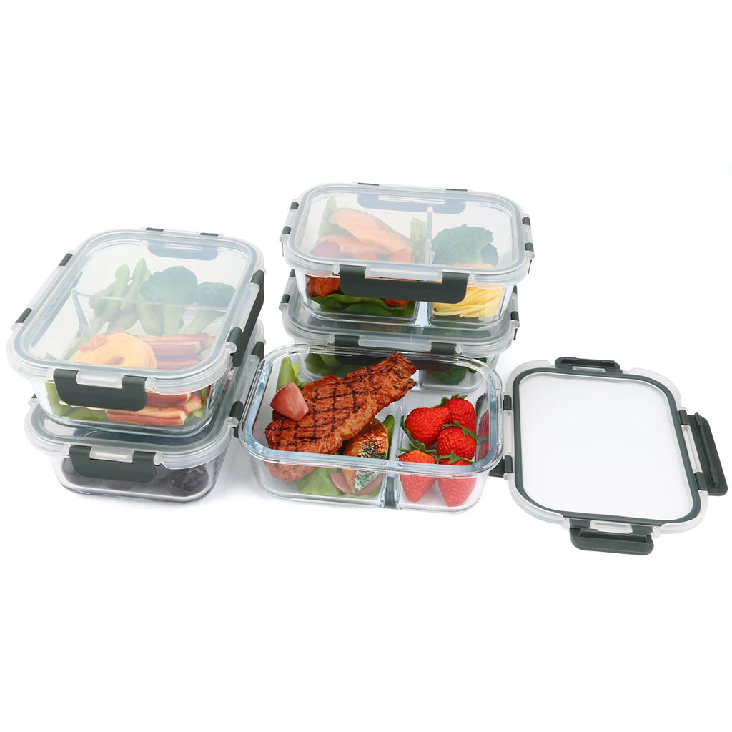 5-Pack 36 Oz 2 Compartments Glass Food Storage Containers with Locking Lids E460609