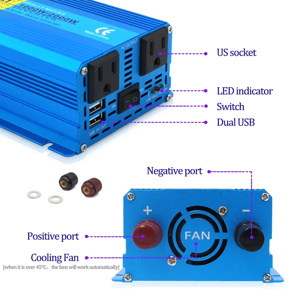 1000 Watts 2000 Watts Pure Sine Wave Power Inverter DC 12V to AC 110V 120V F37737