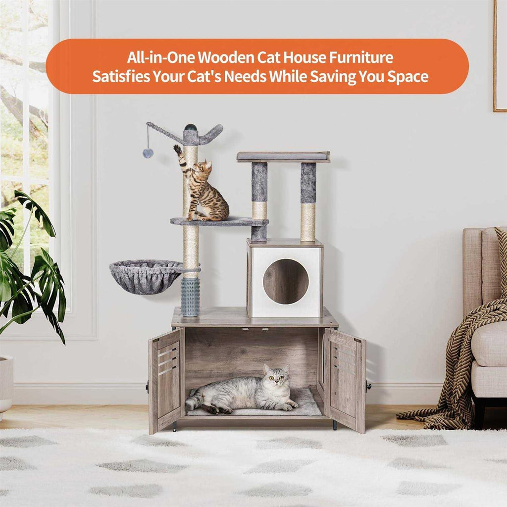 Wooden Cat Litter Box Enclosure with Cat Tree N282473
