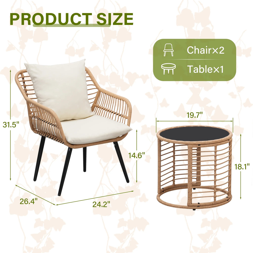 3-Piece Wicker Patio Bistro Set with Glass Top Table & Cushions Z452411