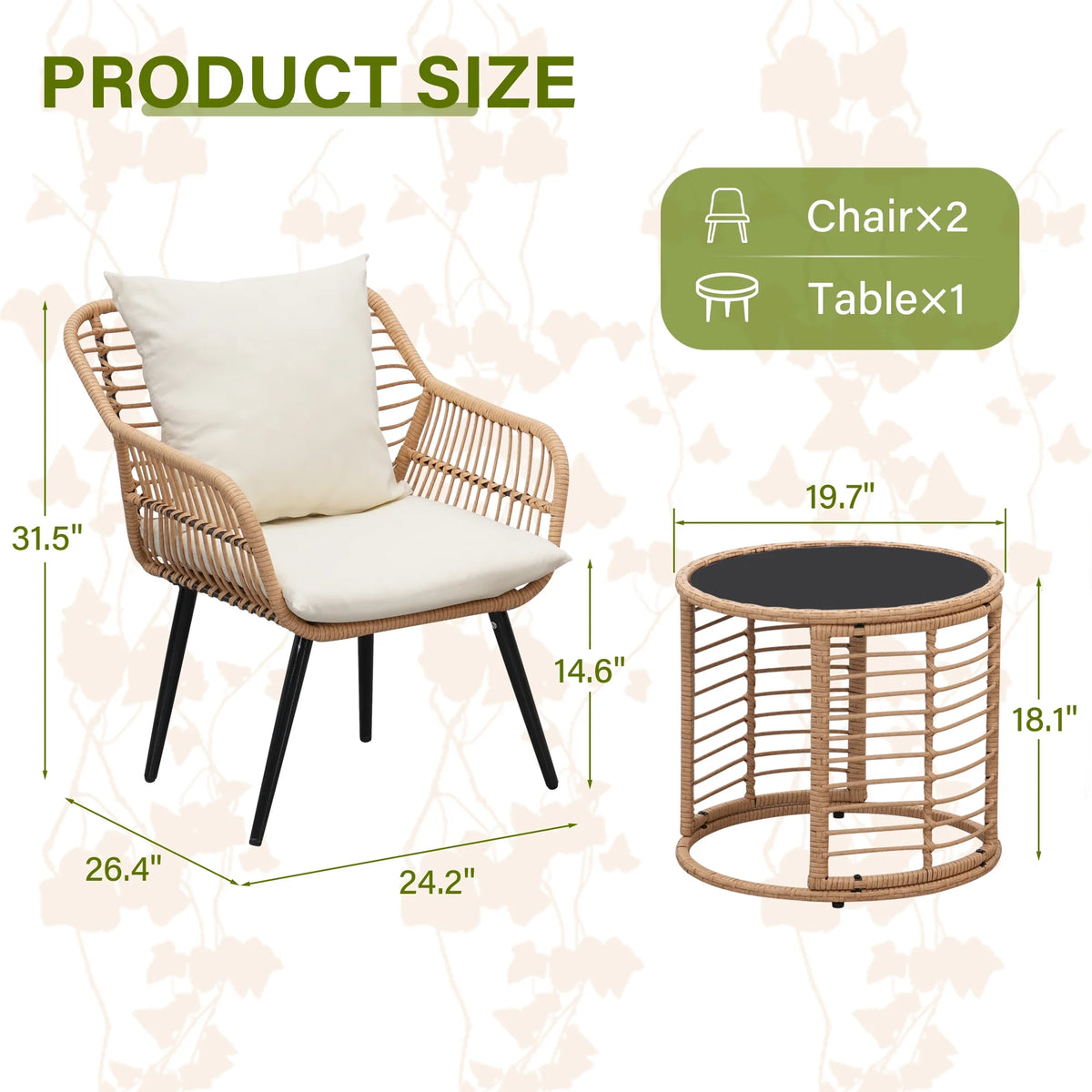 3-Piece Wicker Patio Bistro Set with Glass Top Table & Cushions Z452411
