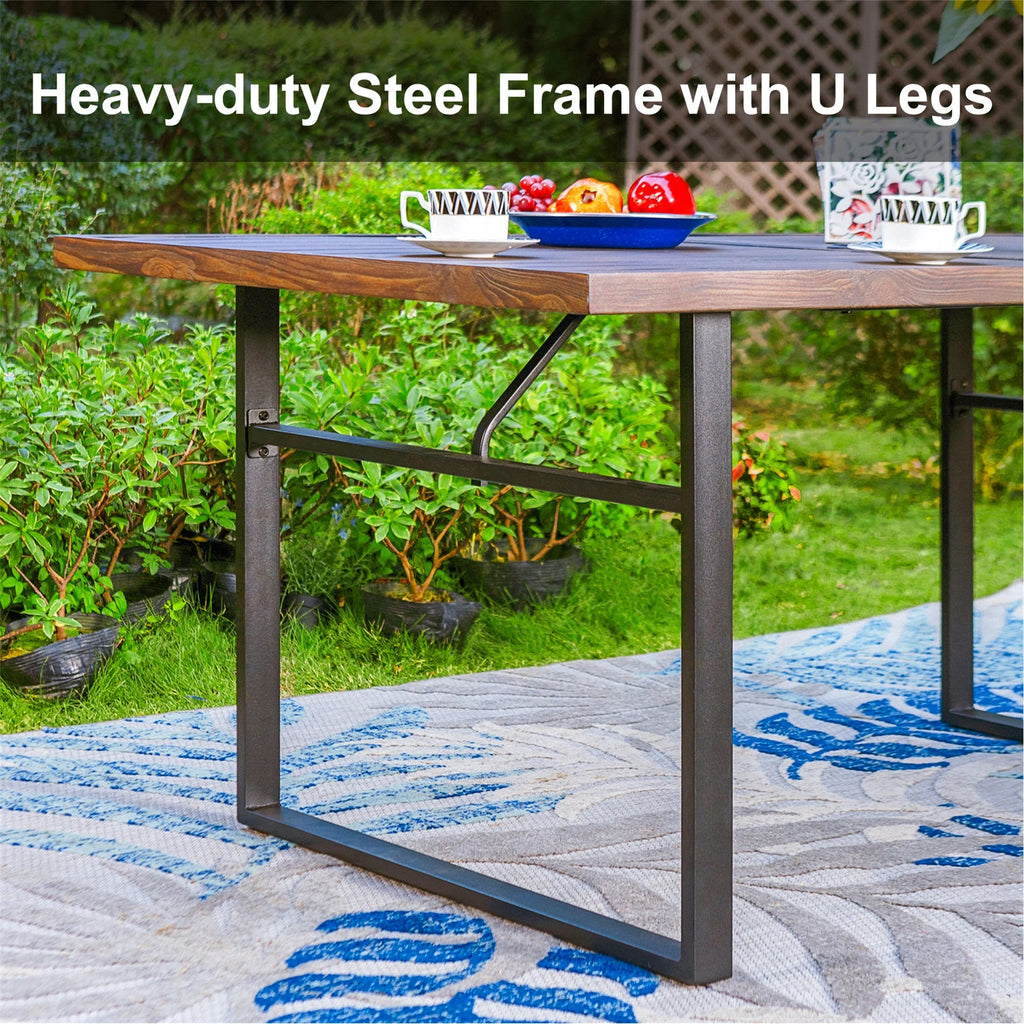 Rectangle Outdoor Dining Table Steel Frame Wood Grain Top 6 Person Black D95727